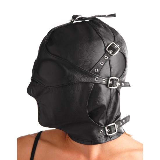 Picture of Asylum Leather Hood with Removable Blindfold and Muzzle- ML