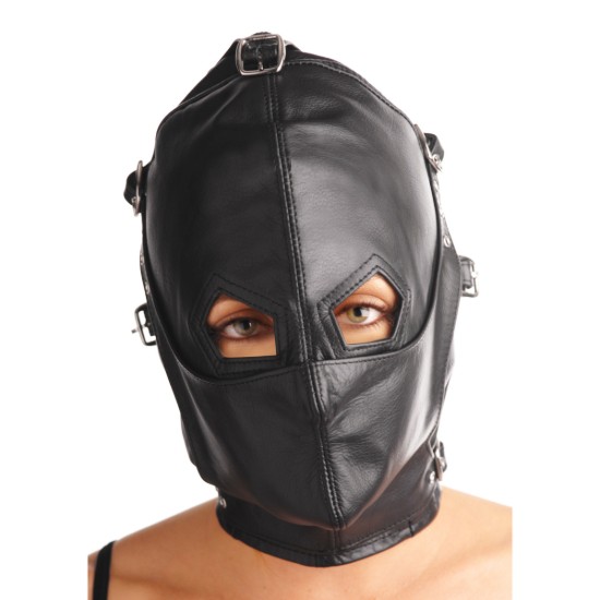 Picture of Asylum Leather Hood with Removable Blindfold and Muzzle- ML