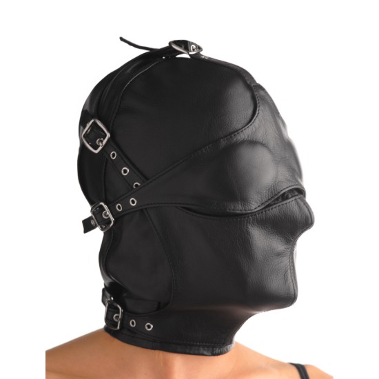 Picture of Asylum Leather Hood with Removable Blindfold and Muzzle- SM