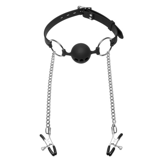 Picture of Hinder Breathable Silicone Ball Gag with Nipple Clamps