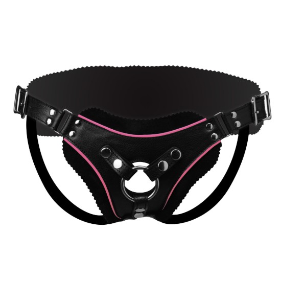 Picture of Low Rise Leather Strap On Dildo Harness with Pink Accents