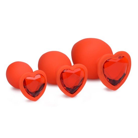 Picture of Red Hearts 3 Piece Silicone Anal Plugs with Gem Accents