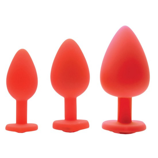 Picture of Red Hearts 3 Piece Silicone Anal Plugs with Gem Accents