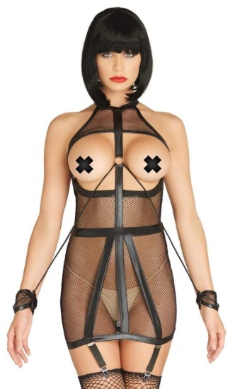 Picture of Wet Look Fishnet Bondage Garter Dress with Restraint Cuffs