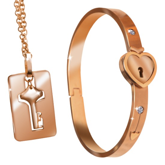 Picture of Cuffed Locking Bracelet and Key Necklace - Rose Gold